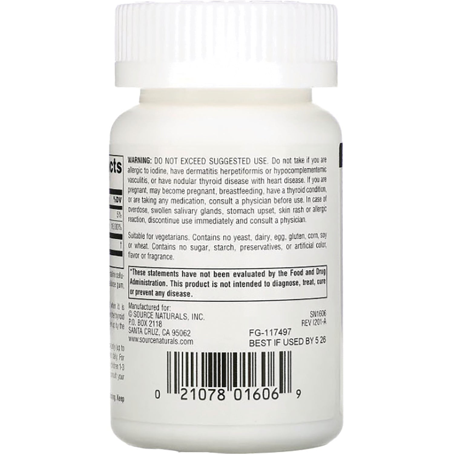 Supplement bottle back label showing warnings, ingredient statements, and barcode