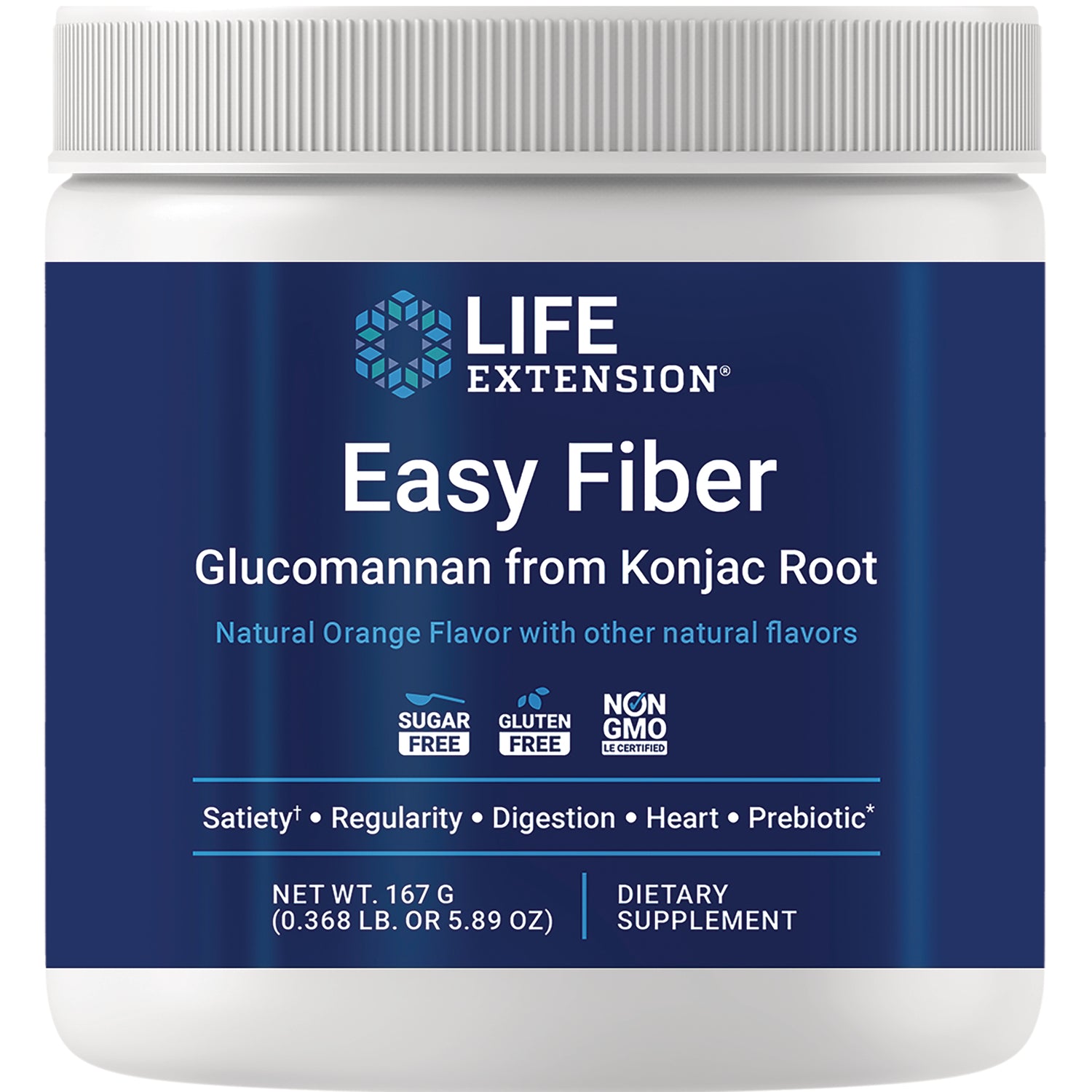 LE588 | Life Extension Easy Fiber tub labeled glucomannan from konjac root, natural orange flavor, sugar free gluten free dietary supplement