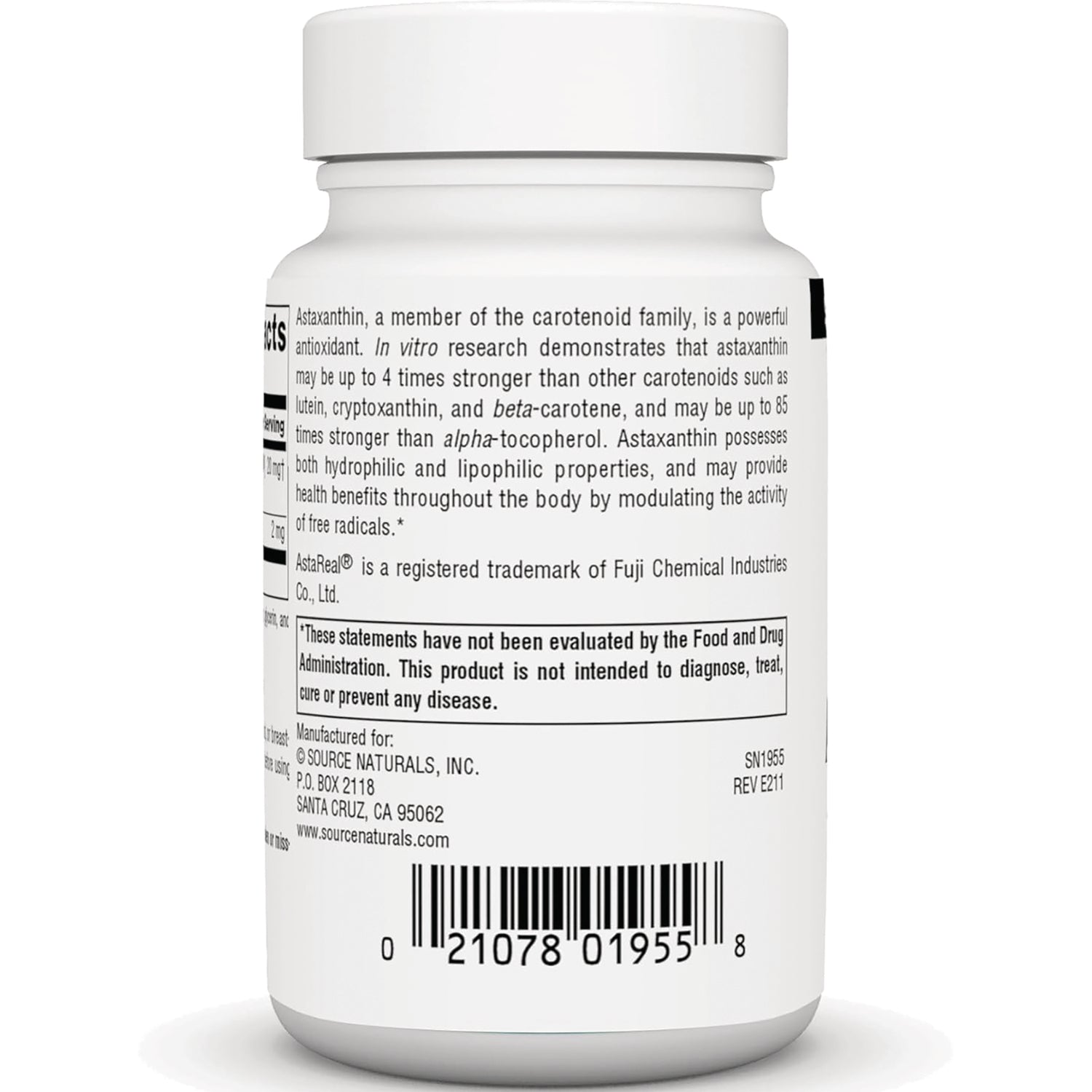 SN331 | Back label with astaxanthin information, FDA disclaimer, and barcode