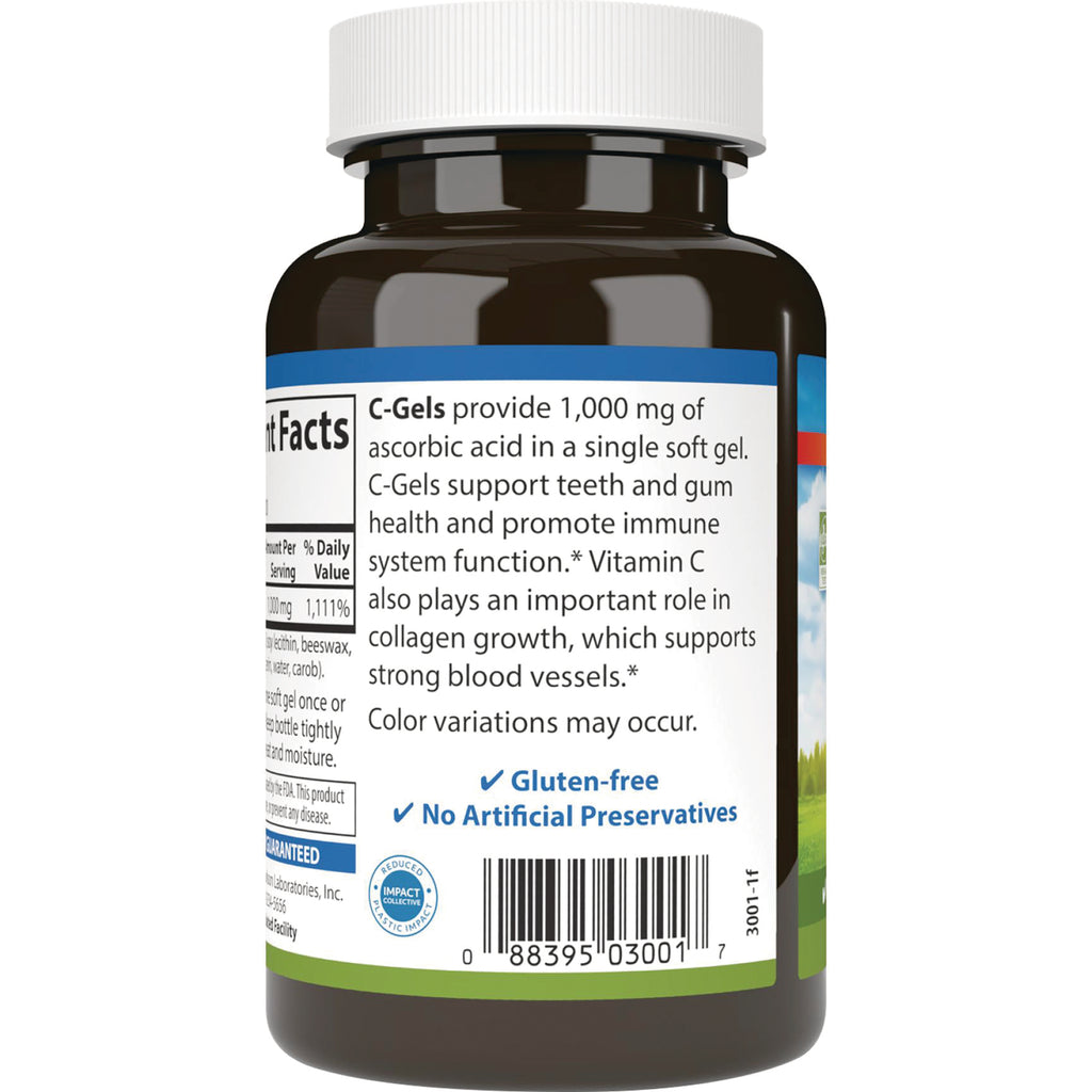 CSN091 | Back label of brown supplement bottle reading C-Gels provide 1,000 mg, gluten-free, no artificial preservatives, barcode - Thumbnail