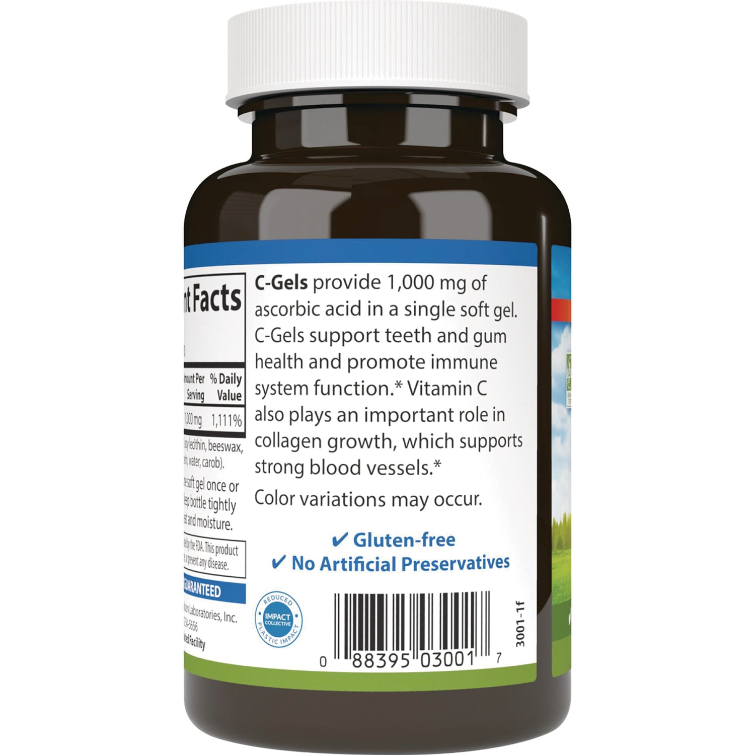 CSN091 | Back label of brown supplement bottle reading C-Gels provide 1,000 mg, gluten-free, no artificial preservatives, barcode