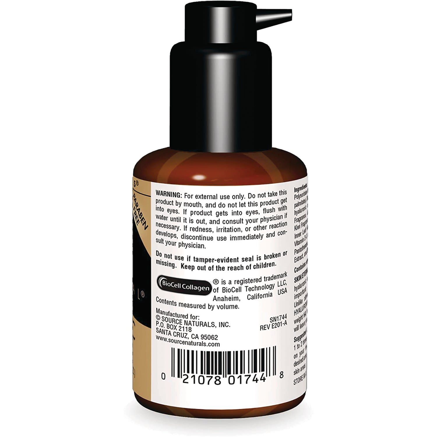 SN750 | Back label with warnings, ingredients, and barcode on amber pump bottle