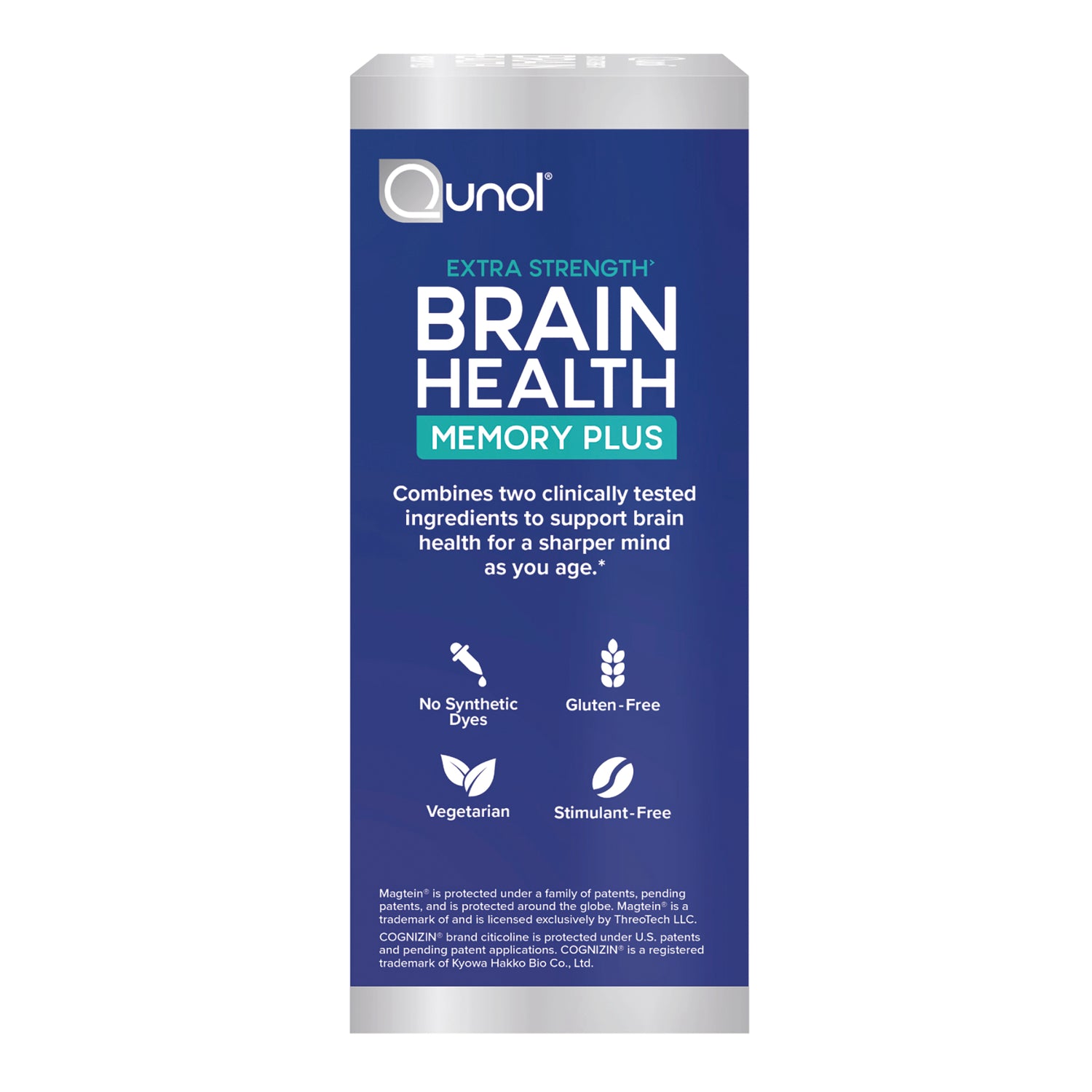 QNL015 | Qunol Extra Strength Brain Health Memory Plus front package with claims and ingredient icons