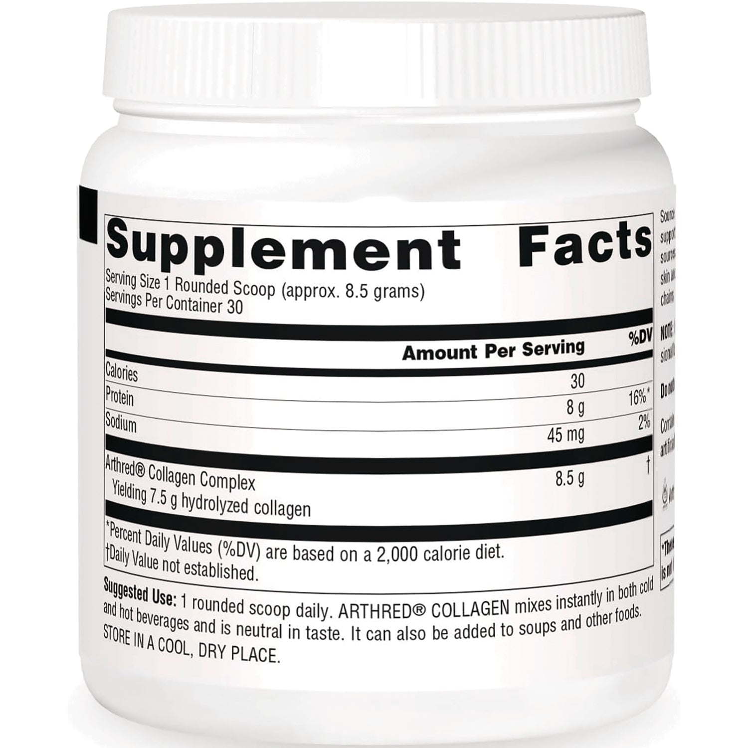 SN180 | Back of white supplement jar showing Supplement Facts panel with serving size, calories, protein, sodium and suggested use