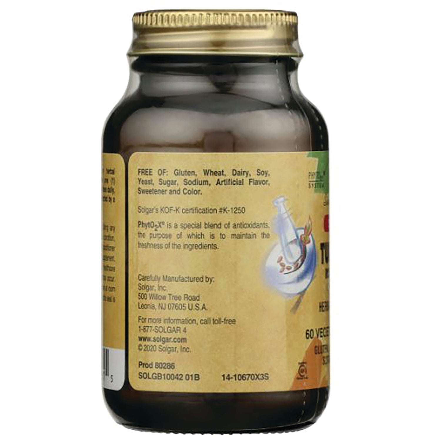 Glass supplement bottle back label showing ingredient list, free of claims, small vial graphic and contact information