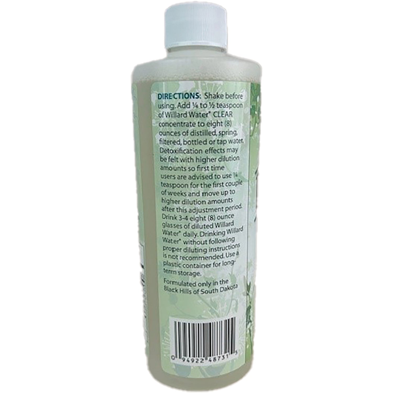 WW003 | Back of Willard Water bottle showing DIRECTIONS panel and barcode