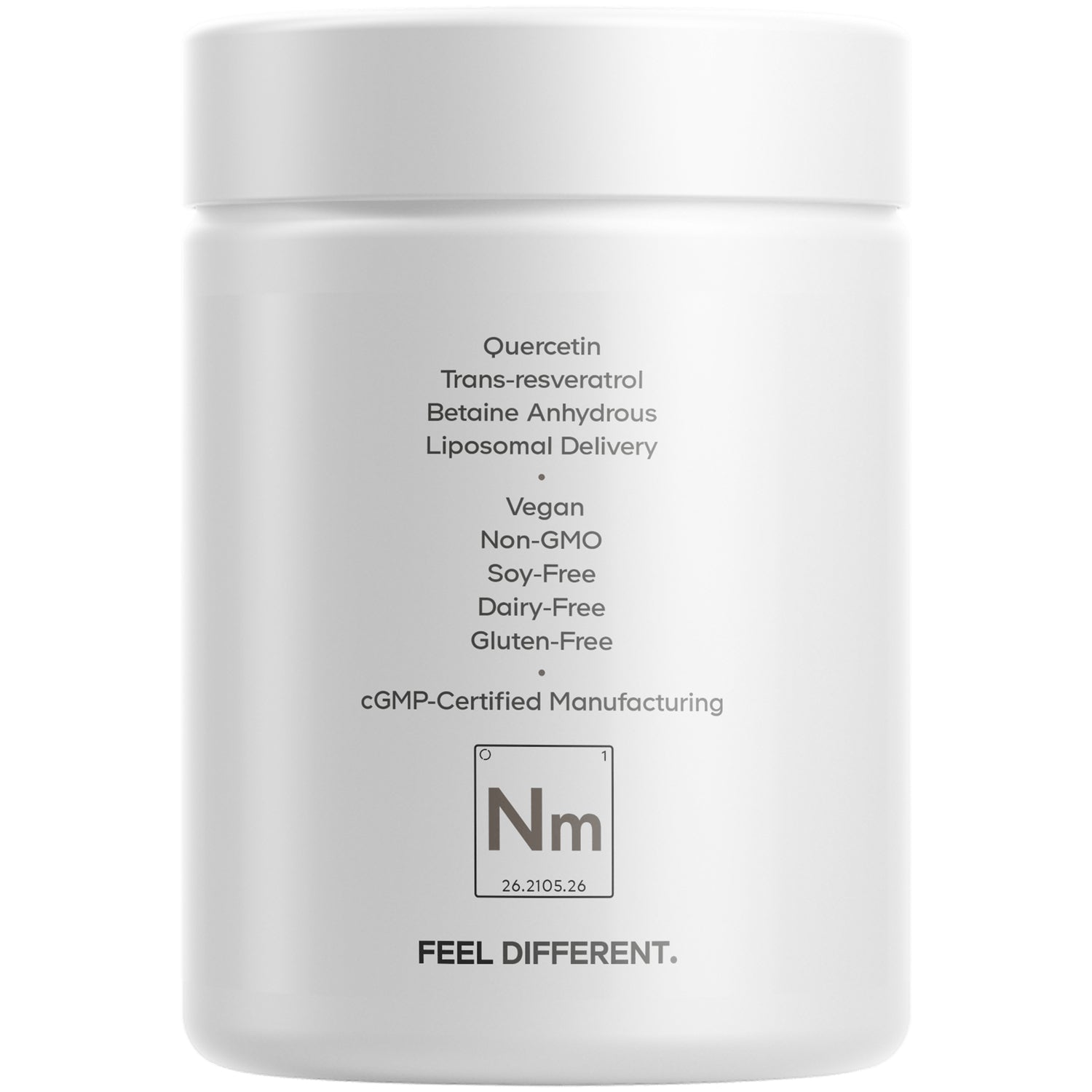 CDG040 | Back of white supplement jar with icons and text: Riboflavin & B12; Liposomal Blend; Non GMO; cGMP Certified Manufacturing