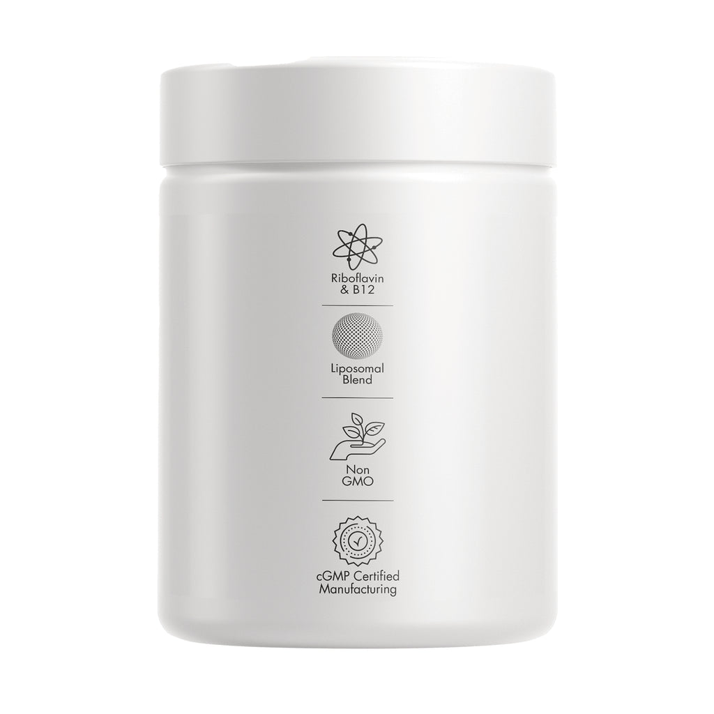 CDG040 | Back of white supplement jar with icons and text: Riboflavin & B12; Liposomal Blend; Non GMO; cGMP Certified Manufacturing - Thumbnail