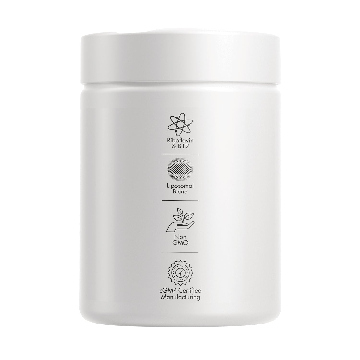 CDG040 | Back of white supplement jar with icons and text: Riboflavin & B12; Liposomal Blend; Non GMO; cGMP Certified Manufacturing
