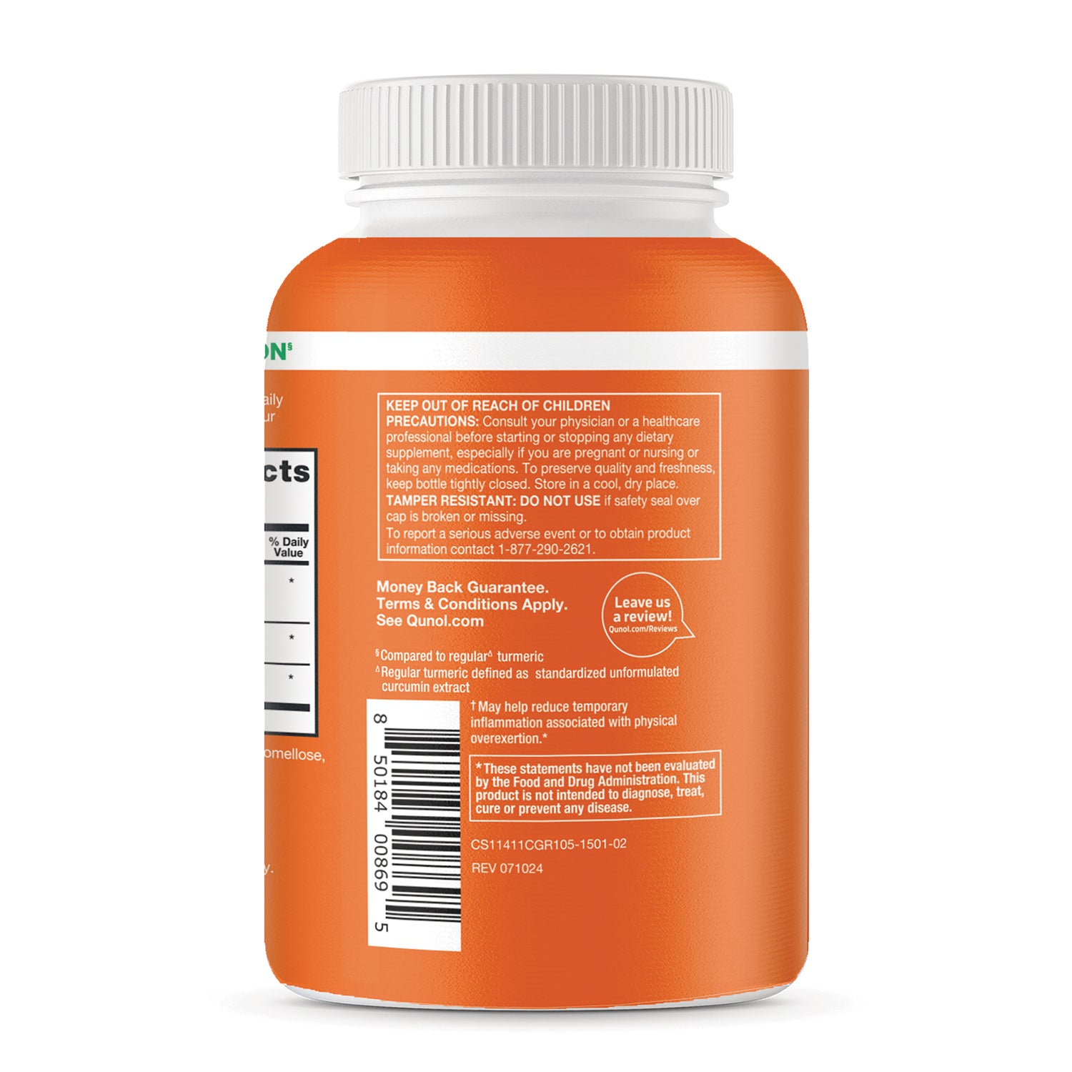 QNL017 | Back label of an orange Qunol supplement bottle with warnings, product facts, barcode, and review callout