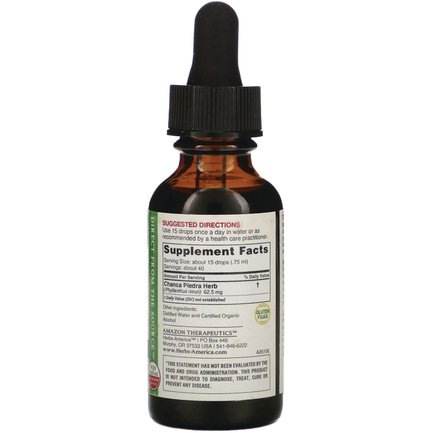 AMT010 | Amber dropper bottle back showing 'Supplement Facts' label and suggested directions