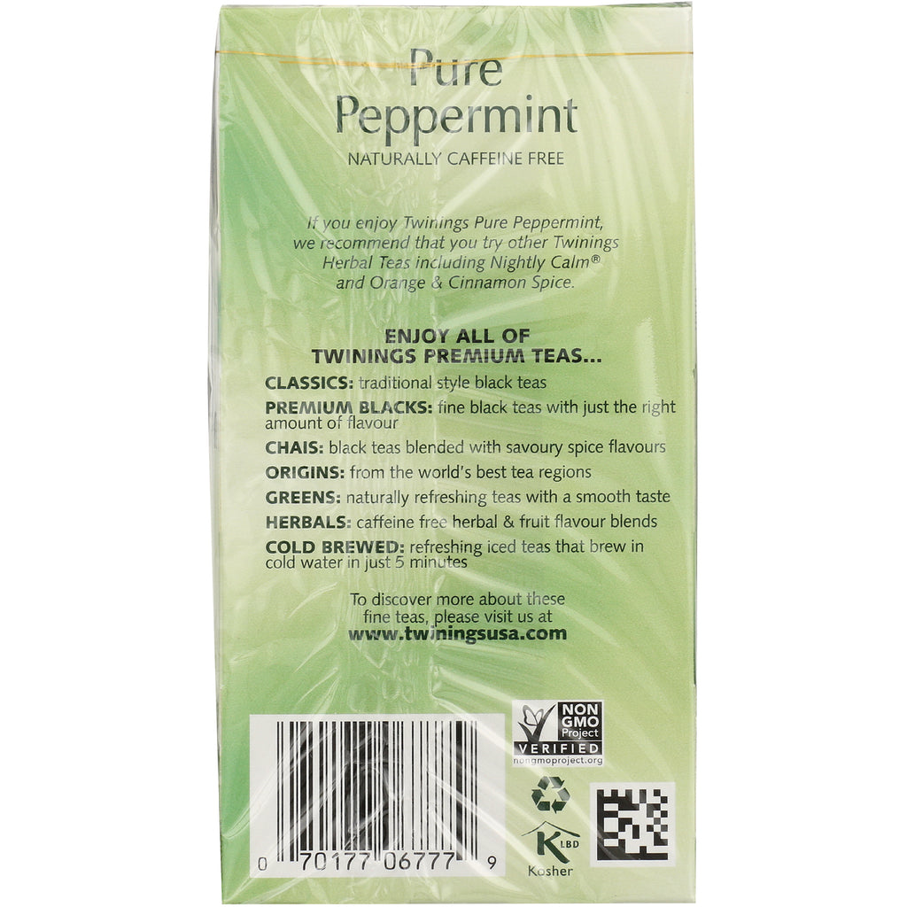 TWN023 | Back of Twinings Pure Peppermint tea box; Naturally Caffeine Free, Non-GMO Verified with barcode - Thumbnail