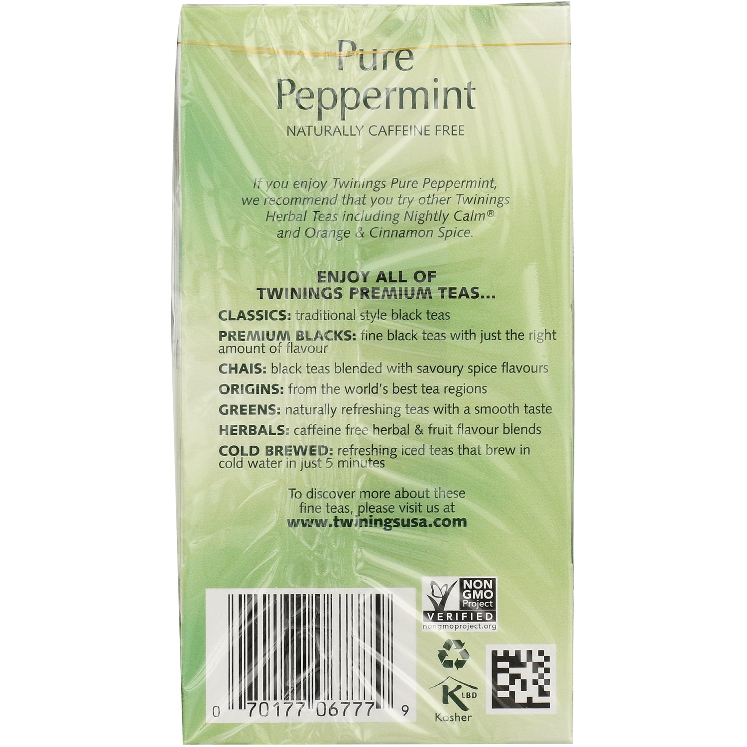 TWN023 | Back of Twinings Pure Peppermint tea box; Naturally Caffeine Free, Non-GMO Verified with barcode