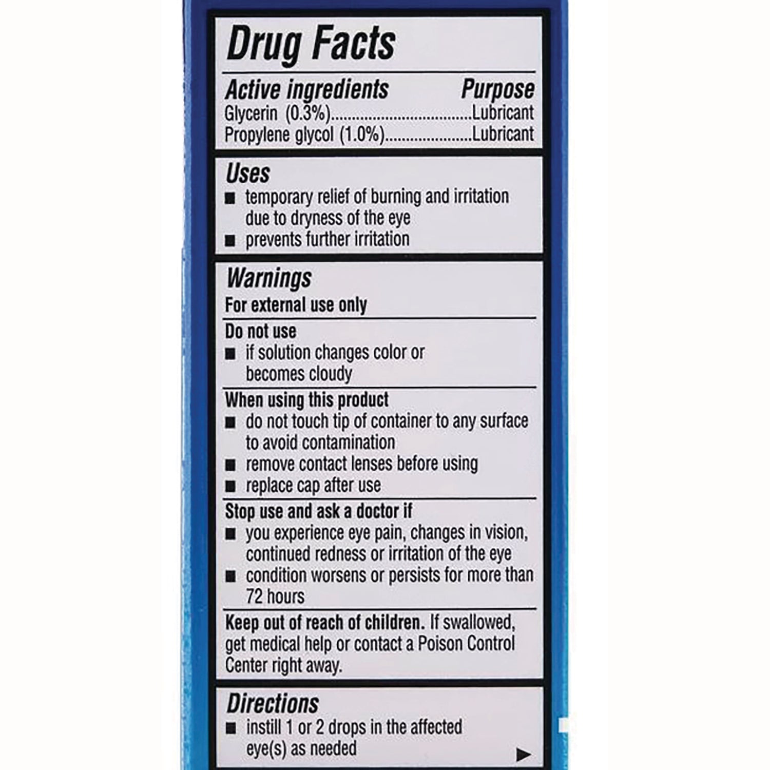 BNL002 | back panel showing Drug Facts listing glycerin (0.3%) and propylene glycol (1.0%), uses, warnings, directions