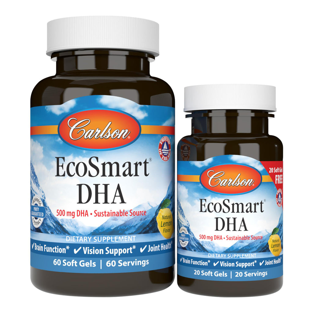 CSN201 | Two Carlson EcoSmart DHA 500 softgel bottles, natural lemon flavor, 60 and 20 count dietary supplement - Thumbnail