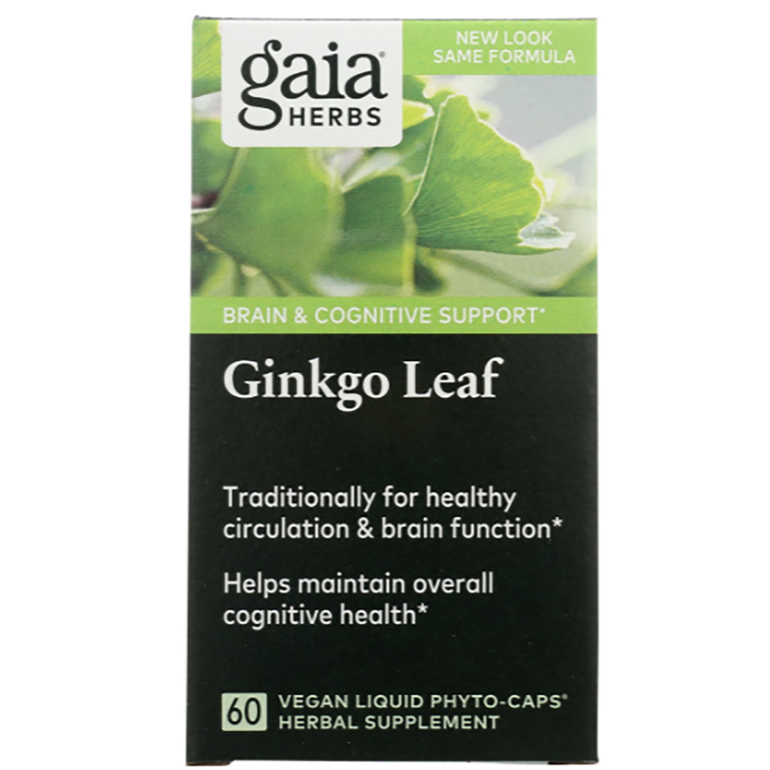 GH009 | Gaia Herbs Ginkgo Leaf supplement box front showing brand, brain & cognitive support and 60 vegan liquid phyto-caps
