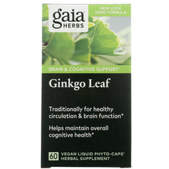 GH009 | Gaia Herbs Ginkgo Leaf supplement box front showing brand, brain & cognitive support and 60 vegan liquid phyto-caps