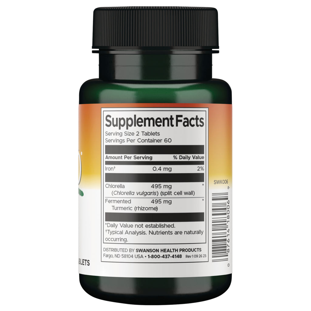 SWK006 | Back bottle with Supplement Facts panel showing Chlorella 495 mg and fermented turmeric 495 mg - Thumbnail