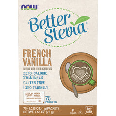 NWF1185 | Better Stevia French Vanilla zero-calorie sweetener box front showing 75 packets and cup illustration