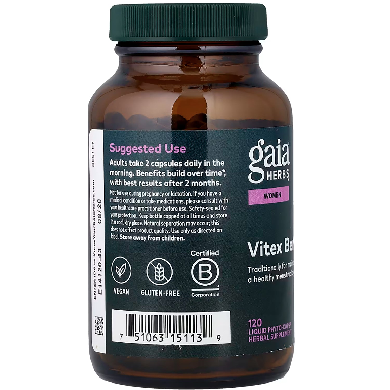 GH133 | Back label of brown supplement bottle showing suggested use text, barcode, and visible capsules