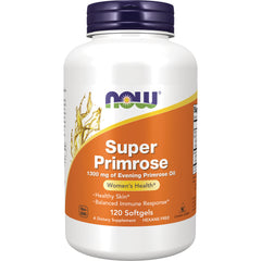 NWF353 | White bottle of NOW Super Primrose 1300 mg evening primrose oil, 120 softgels label Women's Health