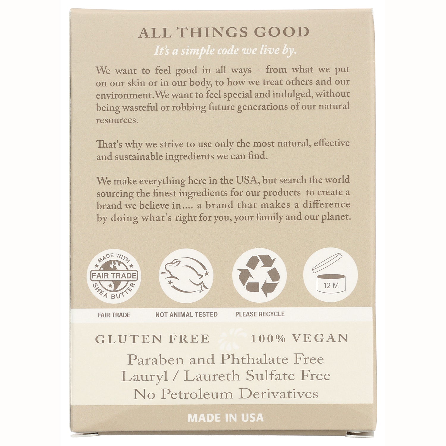 DRW013 | beige product box back panel with icons and text stating gluten free, 100% vegan, paraben and phthalate free, made in USA