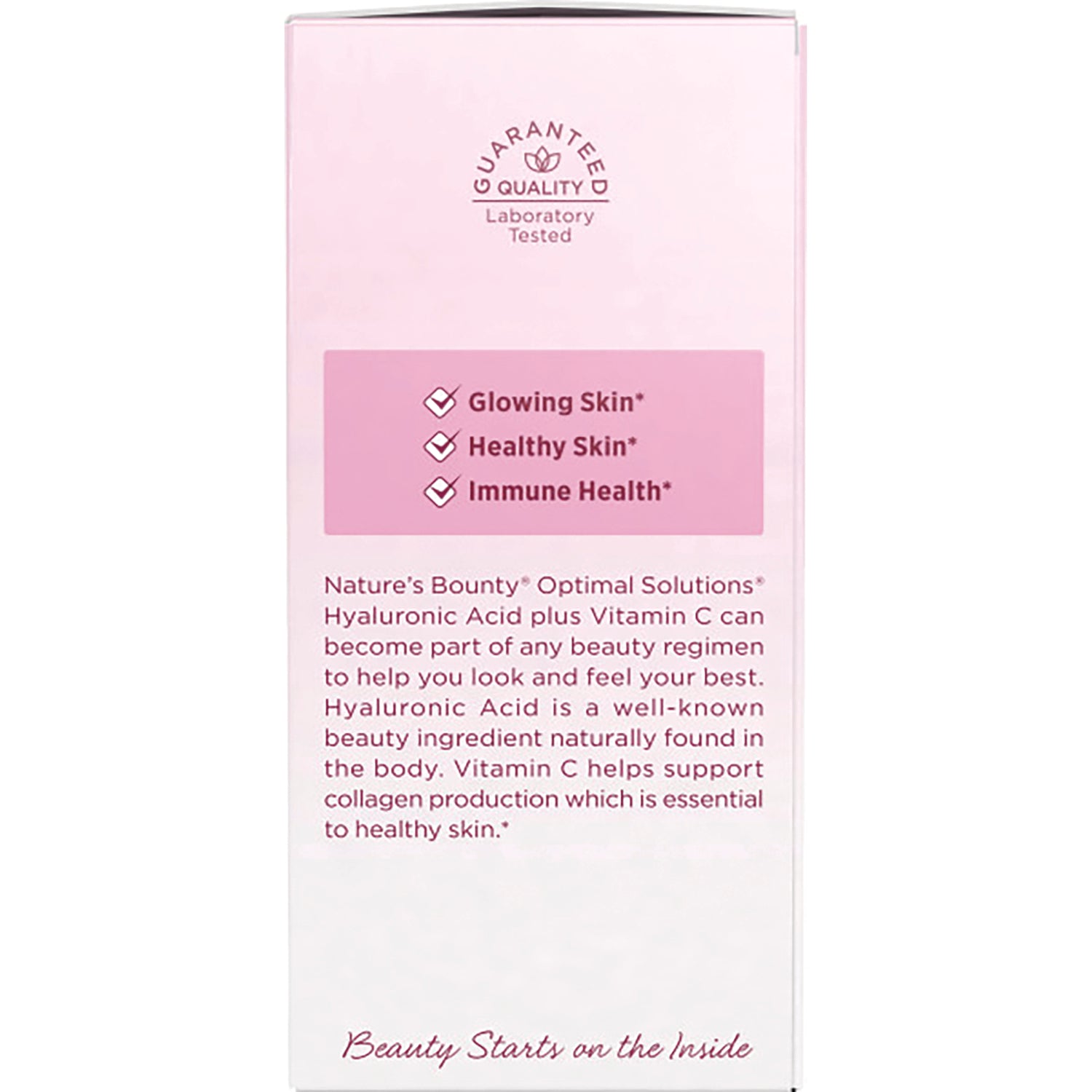 NBY106 | Back of pink product box with checkmarks: Glowing Skin, Healthy Skin, Immune Health; text about hyaluronic acid and vitamin C