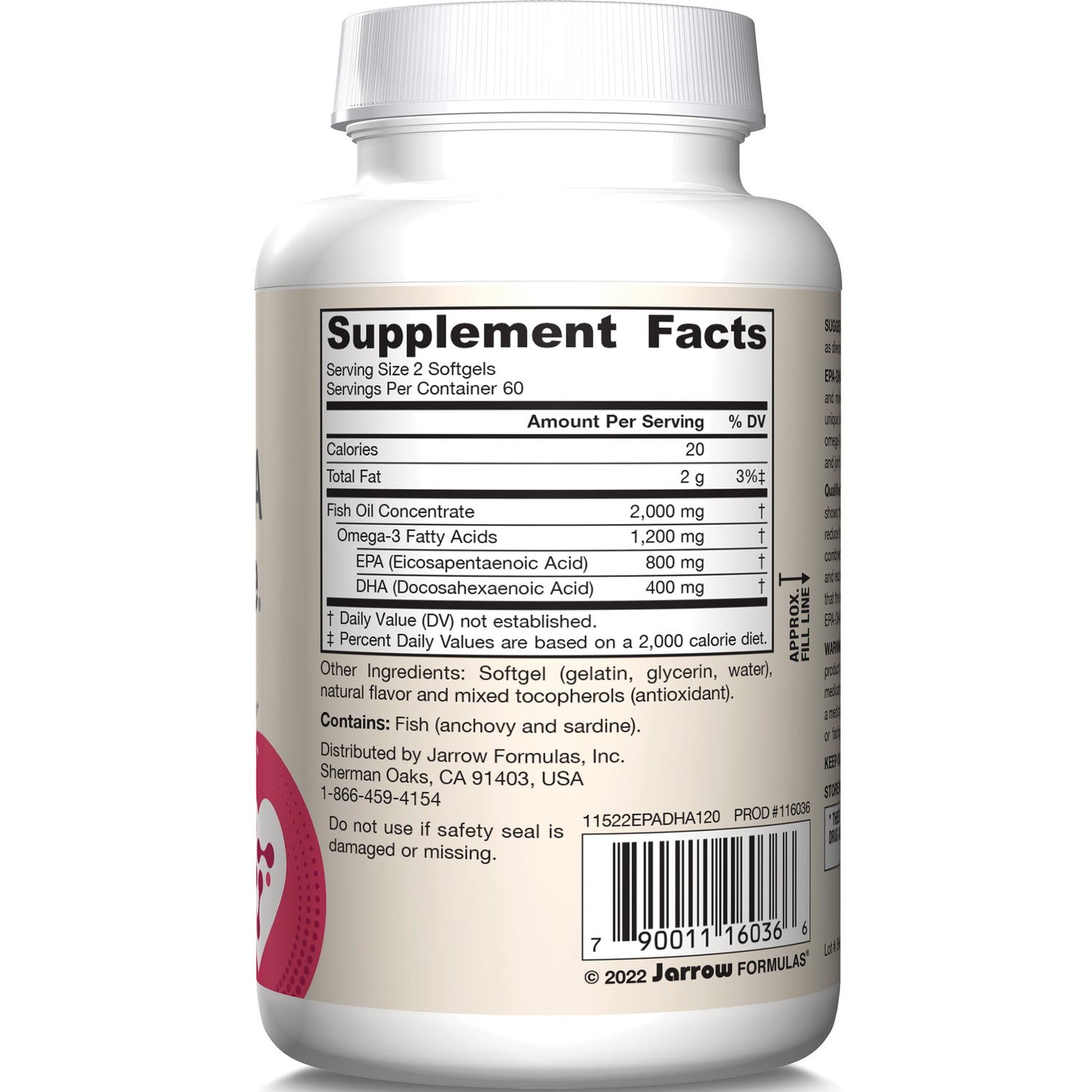 JR188 | Back label showing Supplement Facts listing fish oil concentrate, EPA 800 mg, DHA 400 mg, ingredients and barcode