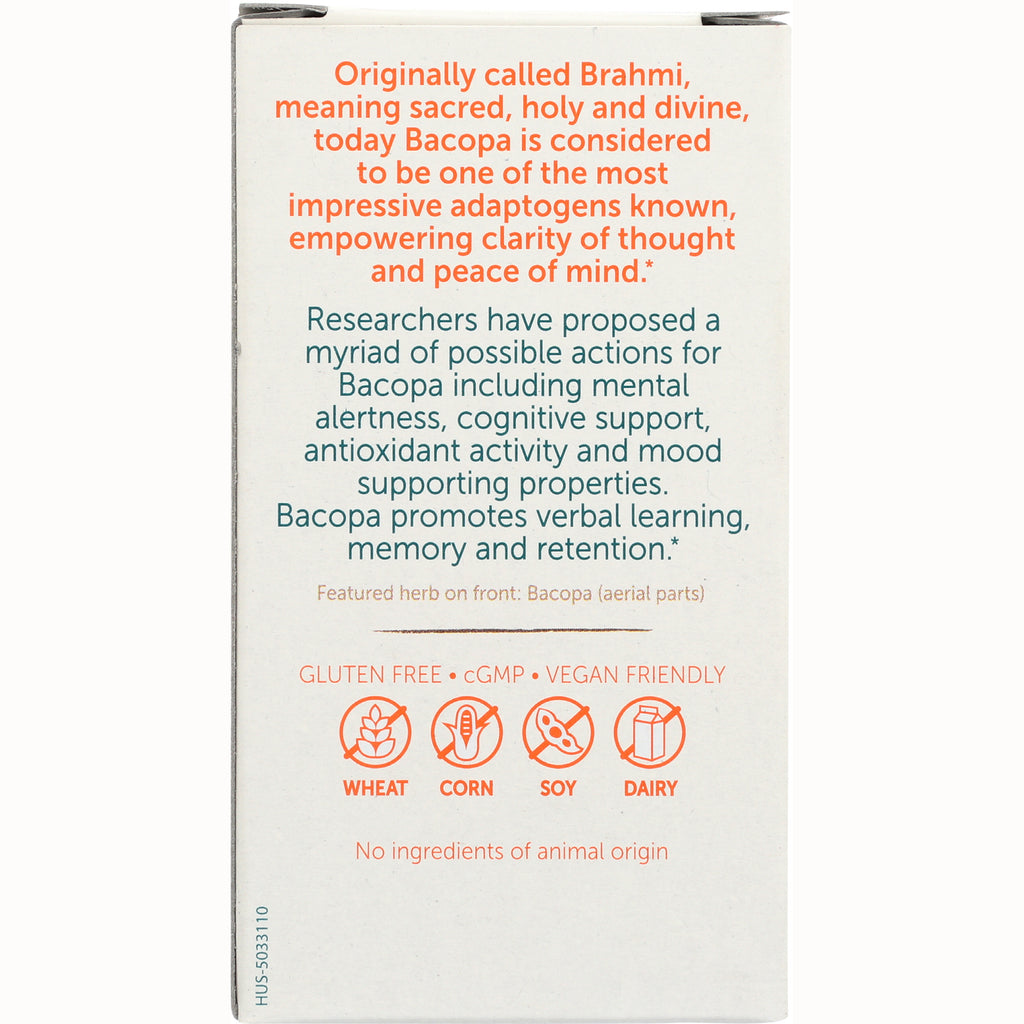 HHH004 | Back of supplement box describing Bacopa benefits with gluten free icons for wheat, corn, soy, dairy and no ingredients of animal origin - Thumbnail