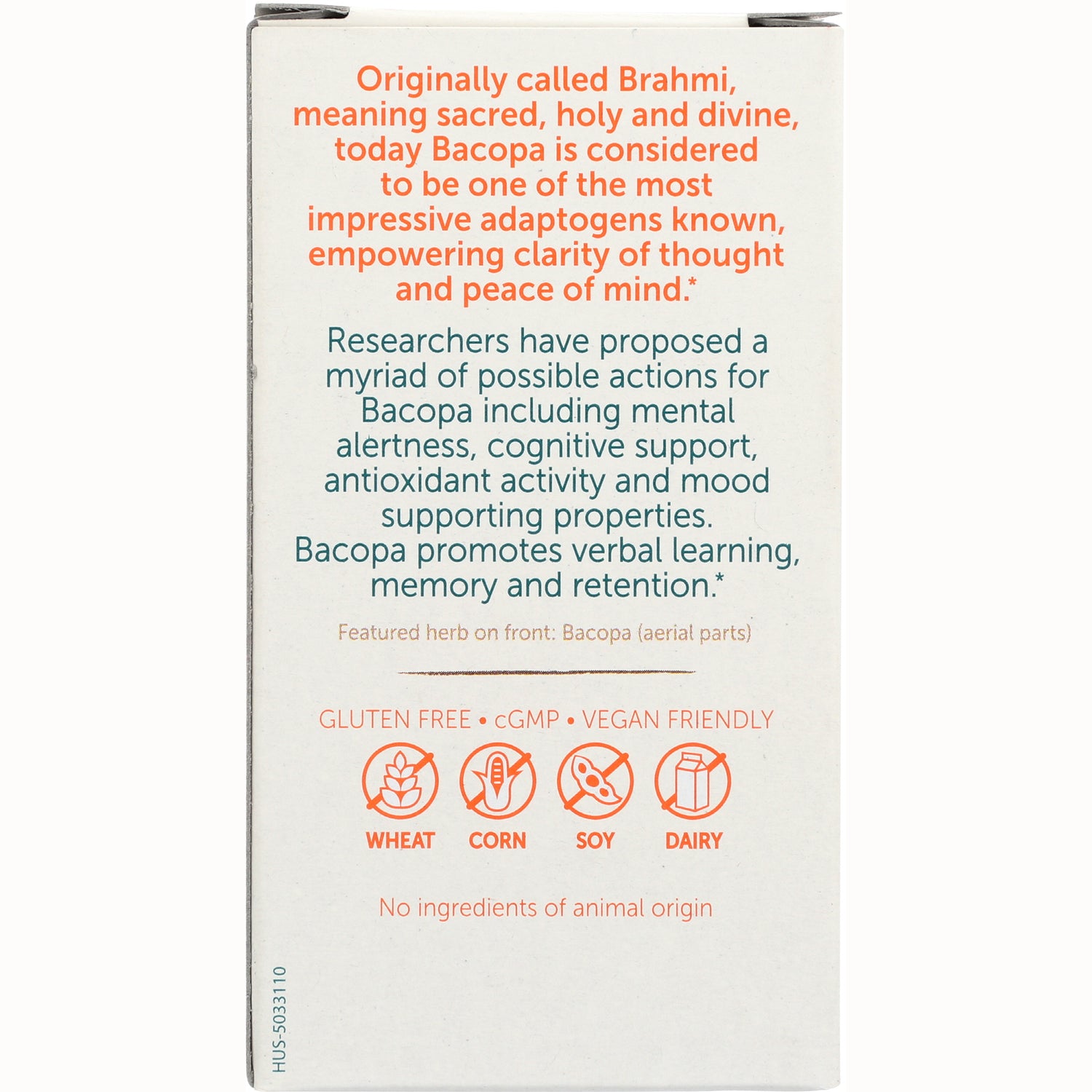 HHH004 | Back of supplement box describing Bacopa benefits with gluten free icons for wheat, corn, soy, dairy and no ingredients of animal origin