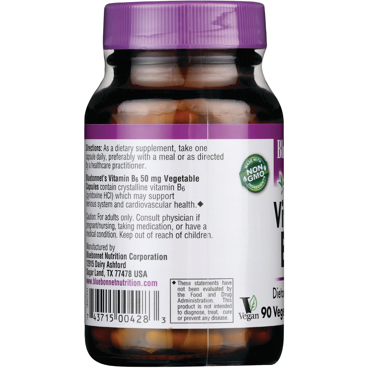 BLU123 | back label of vitamin B6 supplement bottle showing directions, caution text, barcode and Non GMO badge