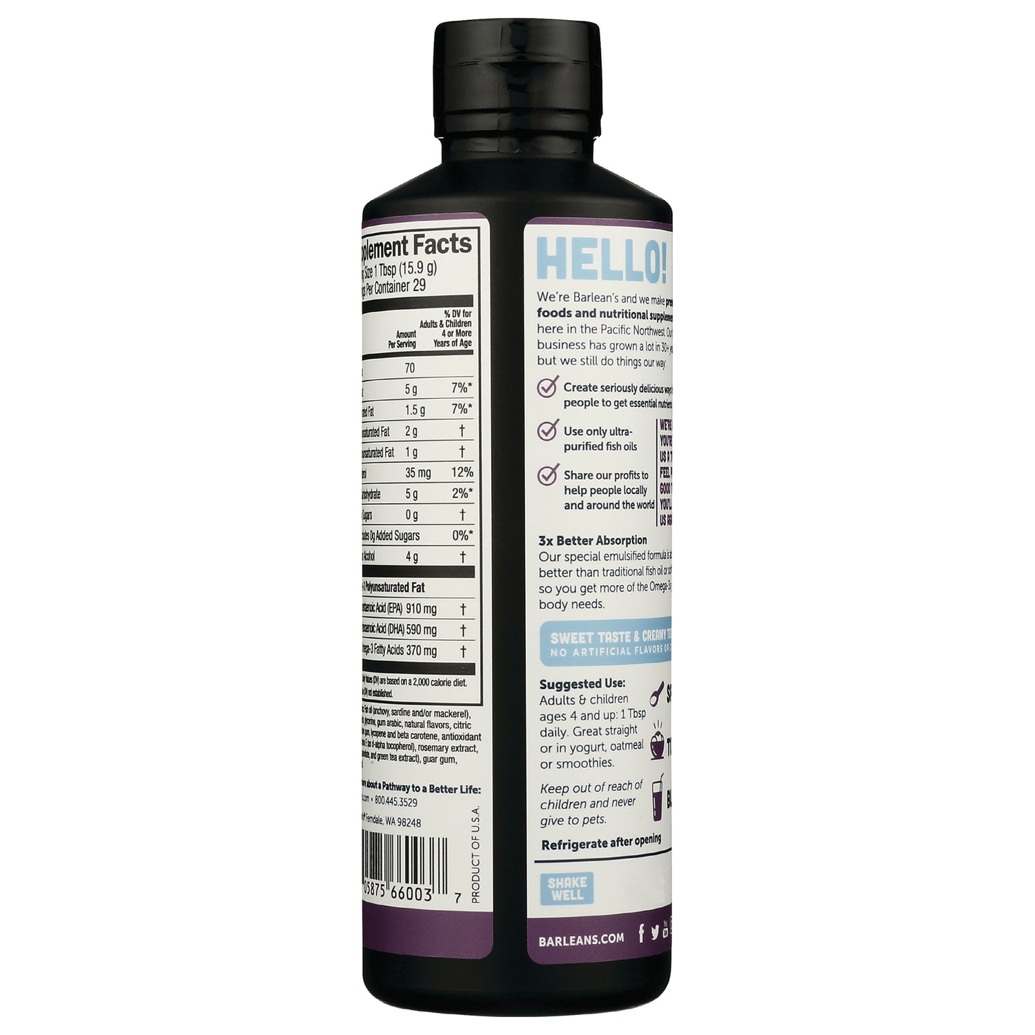 Back of supplement bottle showing supplement facts panel, suggested use instructions, and visible HELLO! brand text