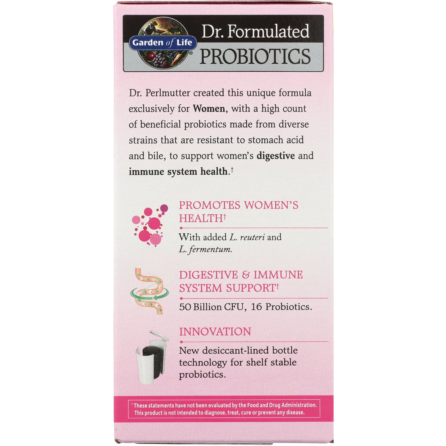 GLF208 | pink product infographic panel for Dr. Formulated Probiotics promoting women's health, digestive & immune system support and innovation