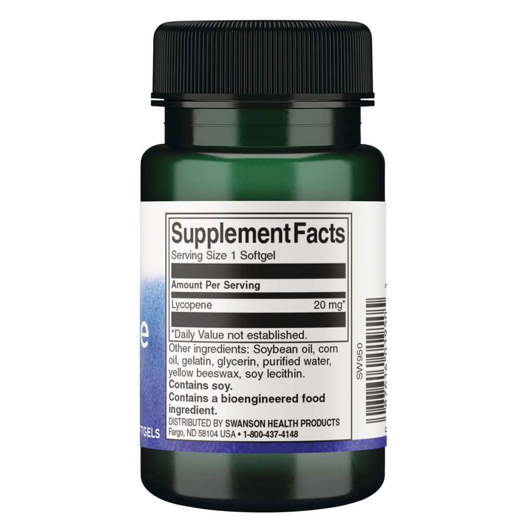 SW950 | Back label with Supplement Facts for lycopene 20 mg; ingredients list; contains soy - Thumbnail