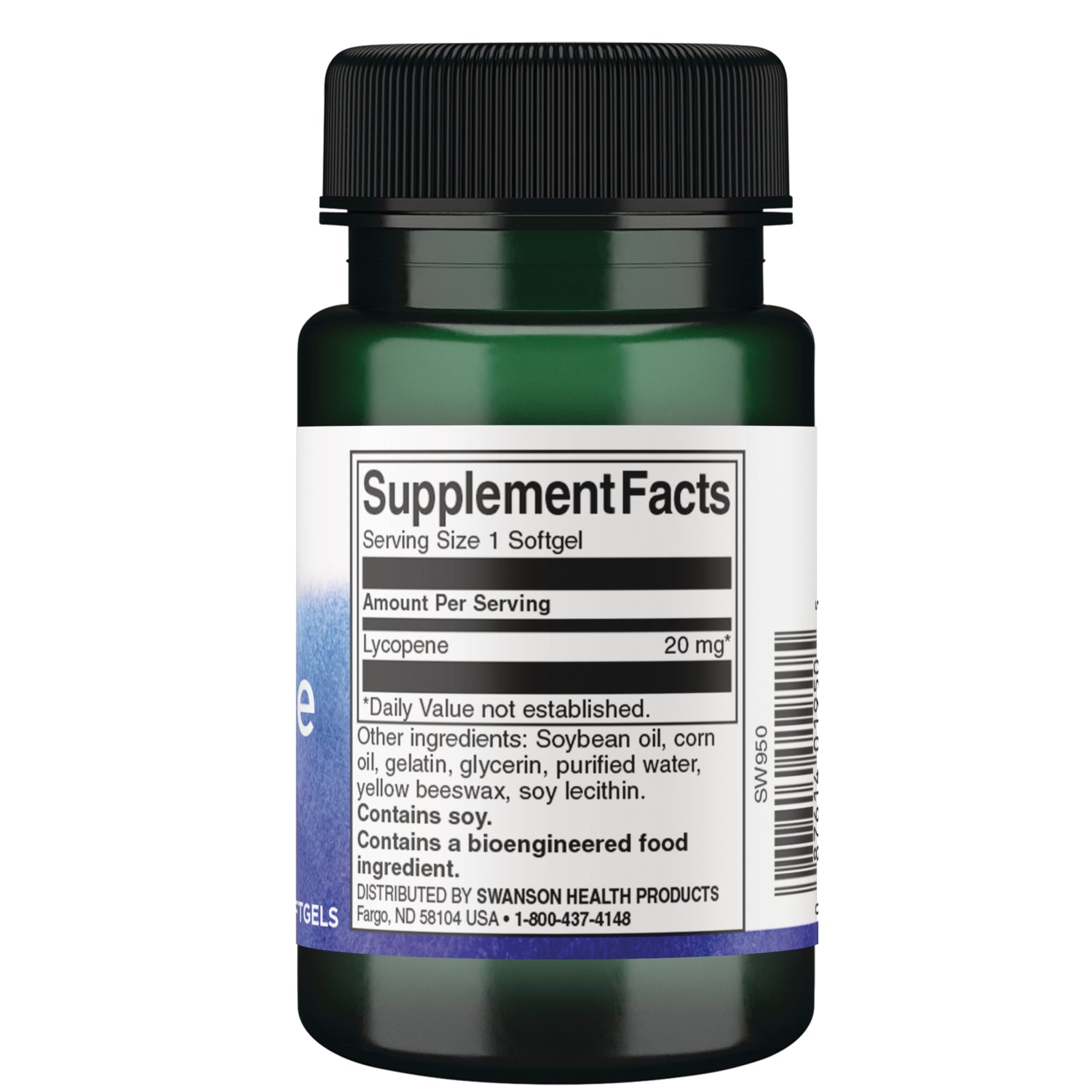 SW950 | Back label with Supplement Facts for lycopene 20 mg; ingredients list; contains soy