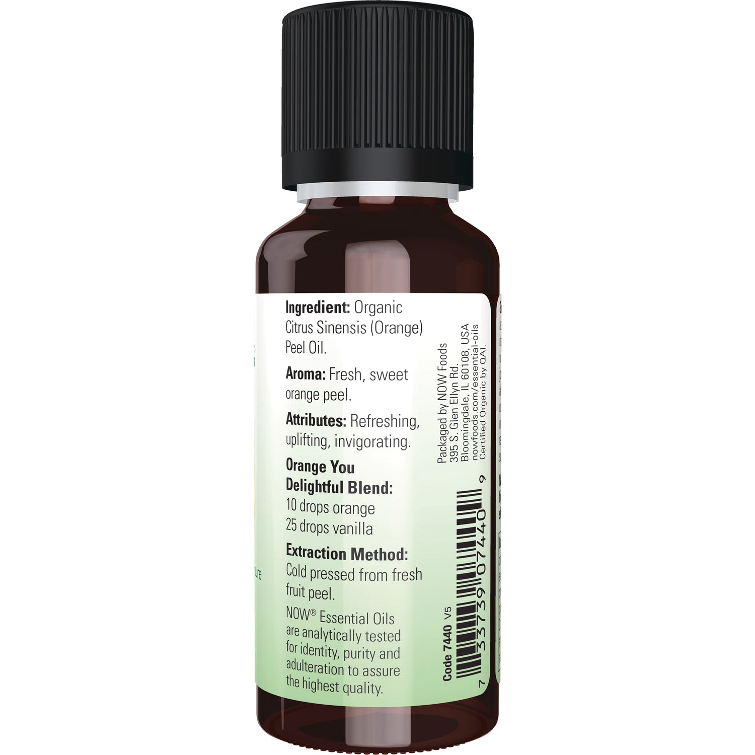 NWF624 | Back label of amber essential oil bottle reading ingredients, aroma, attributes, extraction method and barcode