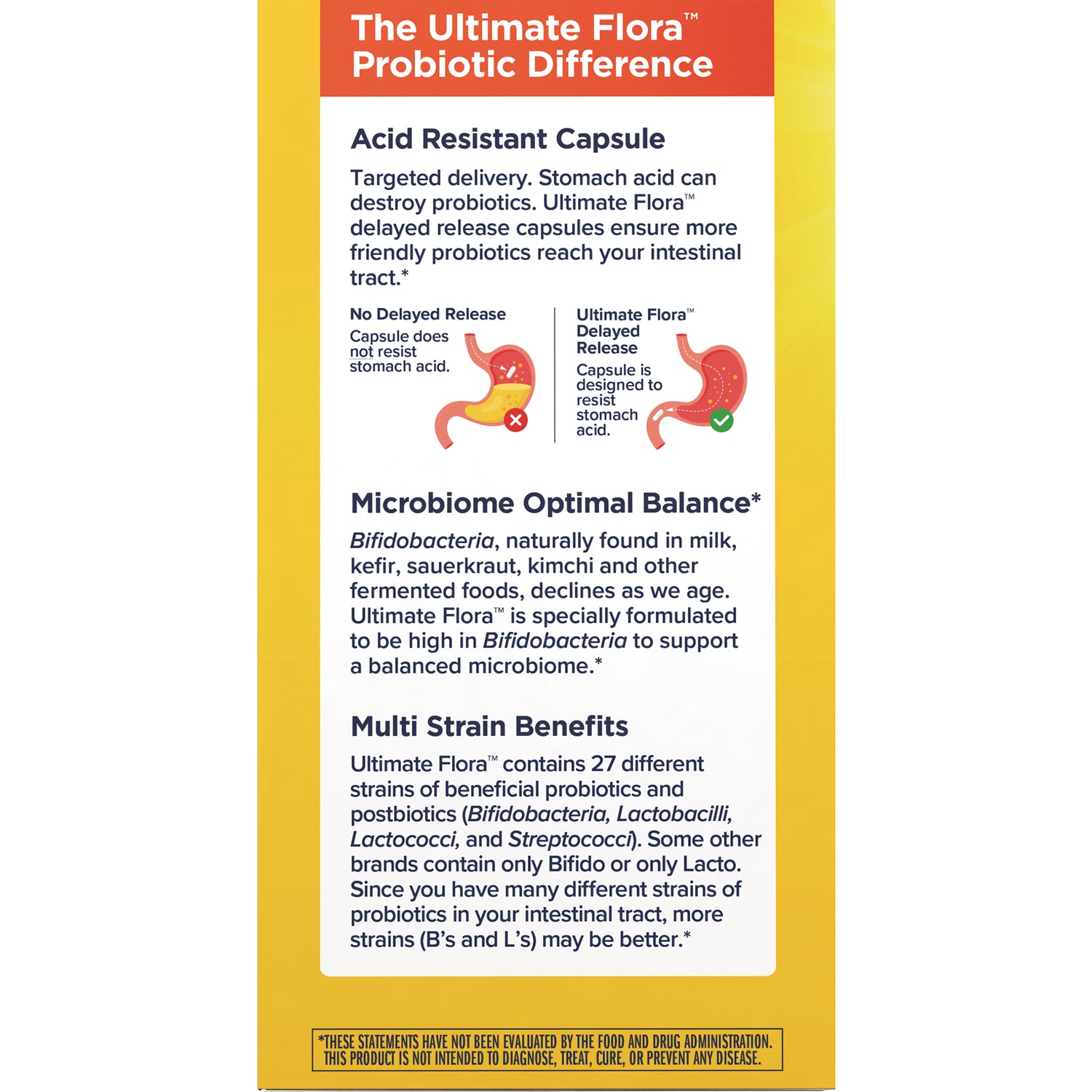 RNL258 | back panel showing Acid Resistant Capsule diagram, Microbiome Optimal Balance and Multi Strain Benefits text