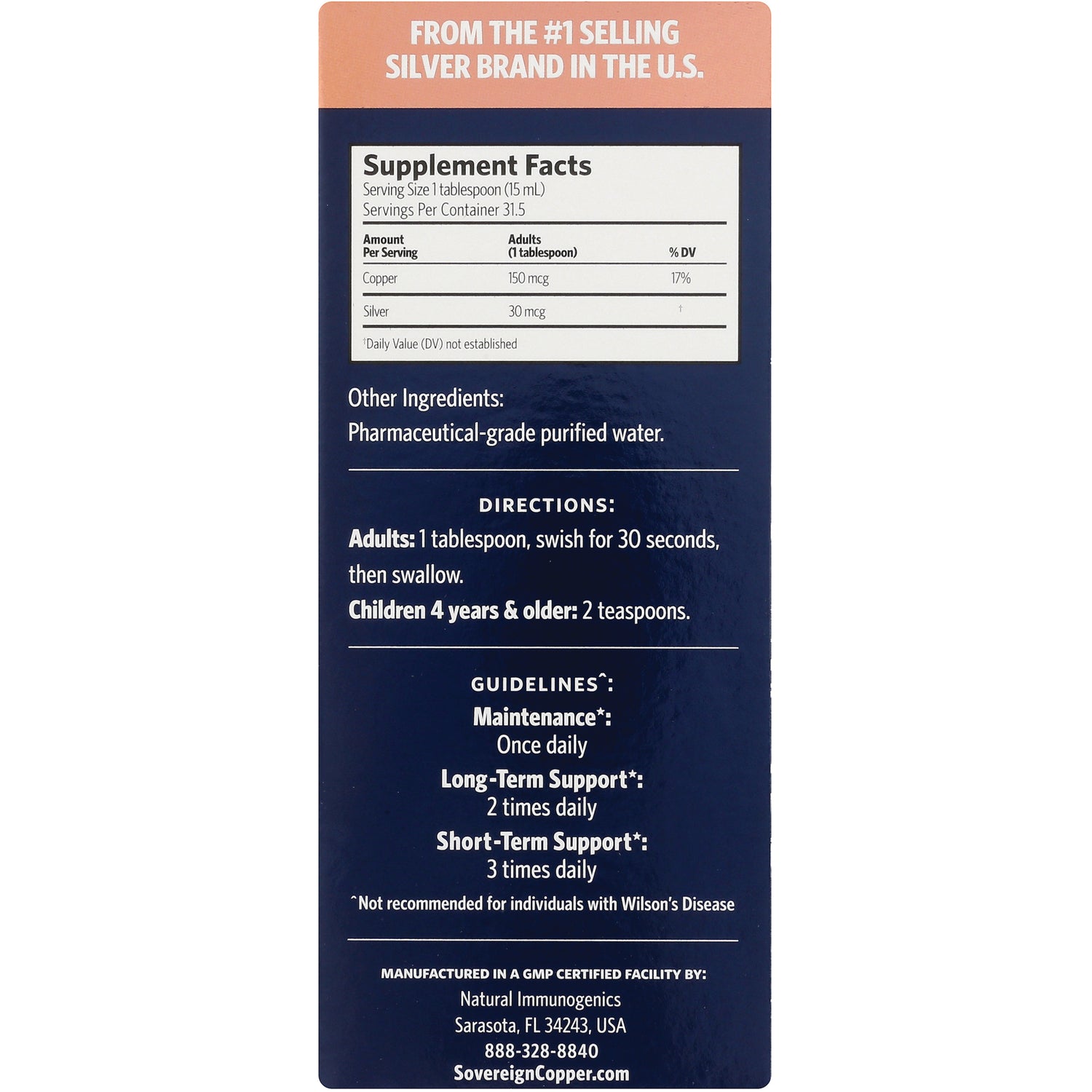 SSL013 | Back label with Supplement Facts, ingredients, directions, and guidelines; SovereignCopper.com