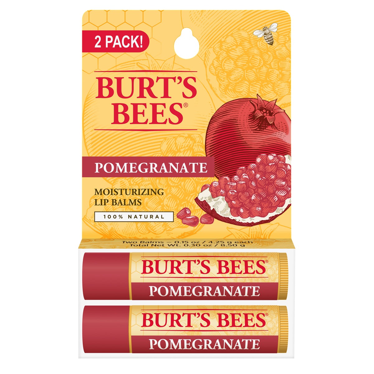BTB236 | BURT'S BEES pomegranate moisturizing lip balm two-pack showing packaging and two tubes