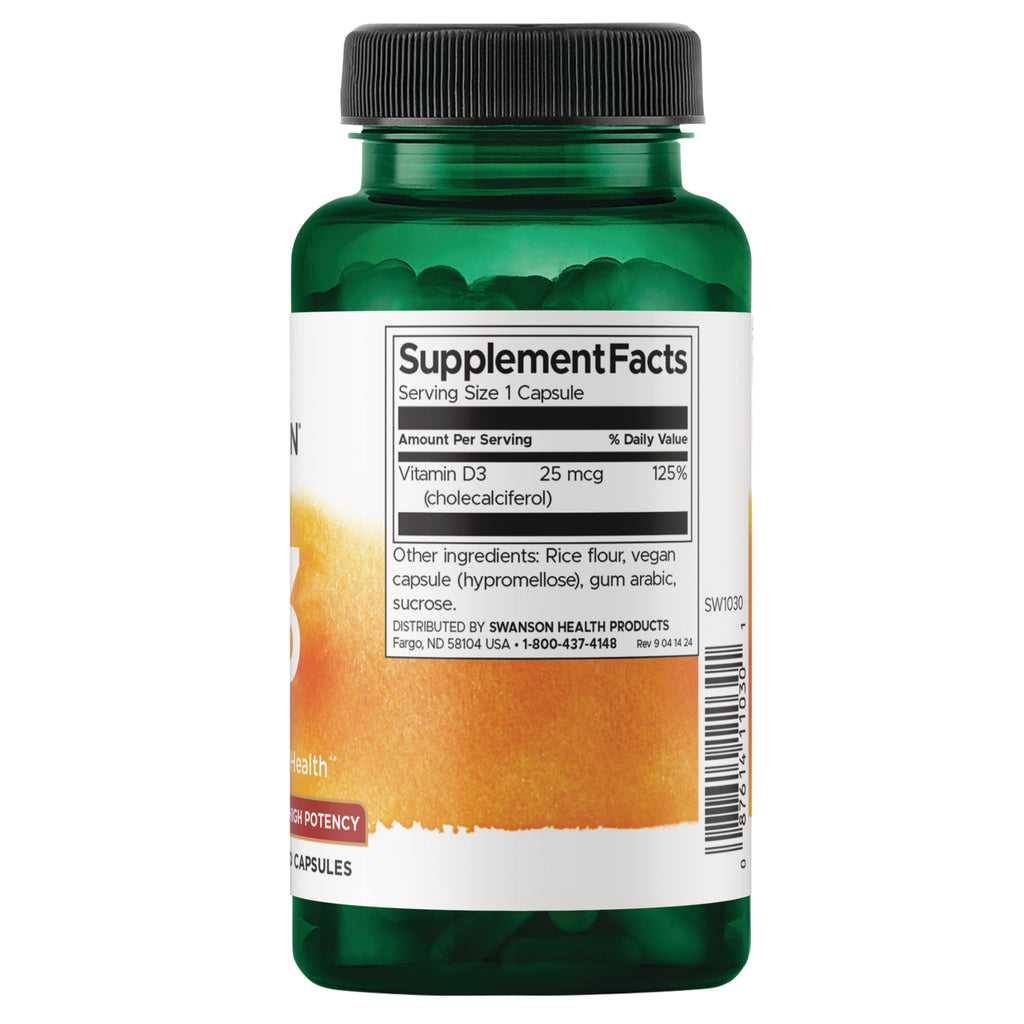 SW1030 | Back label with Supplement Facts: Vitamin D3 25 mcg, 125% DV; ingredients list and barcode - Thumbnail