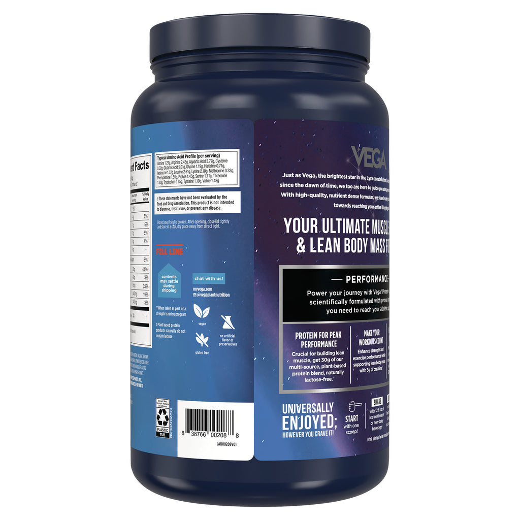 VGA009 | Vega protein powder container back with performance benefits, icons, barcode, and partial nutrition facts - Thumbnail