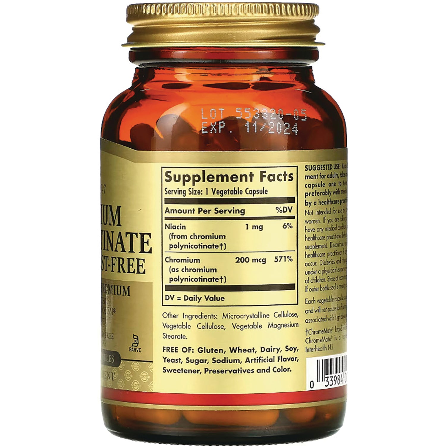 SLG321 | Amber supplement bottle back showing Supplement Facts label with serving size and chromium 200 mcg