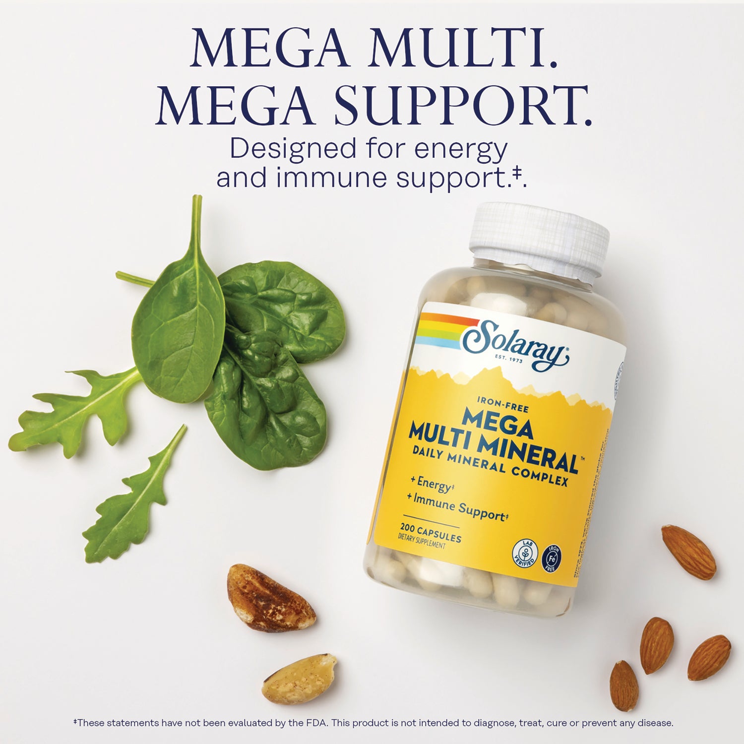 SLR279 | Solaray Mega Multi Mineral bottle with capsules beside spinach leaves and almonds, product benefit text visible