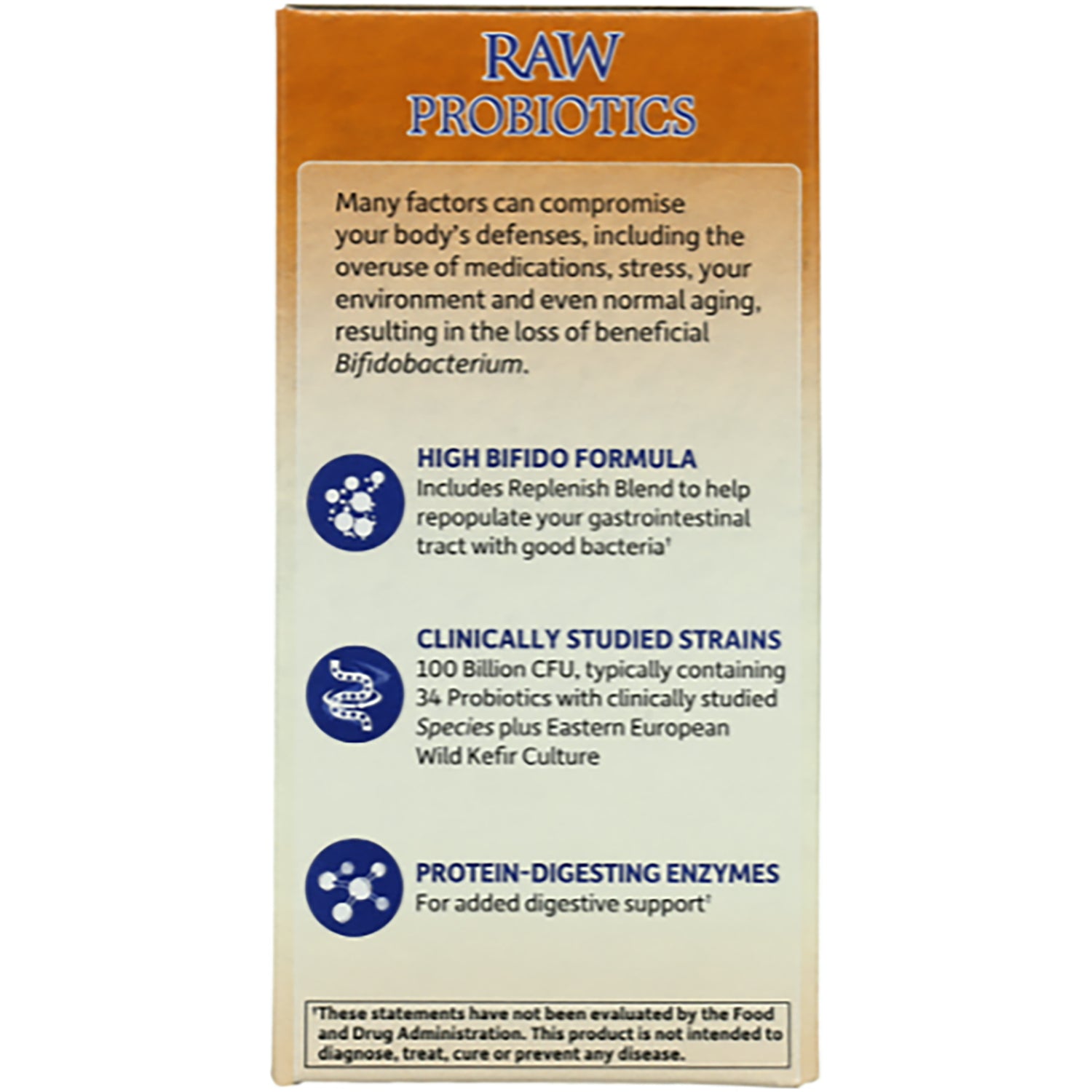 GLF153 | back panel of Raw Probiotics box showing high bifido formula, clinically studied strains, and protein-digesting enzymes