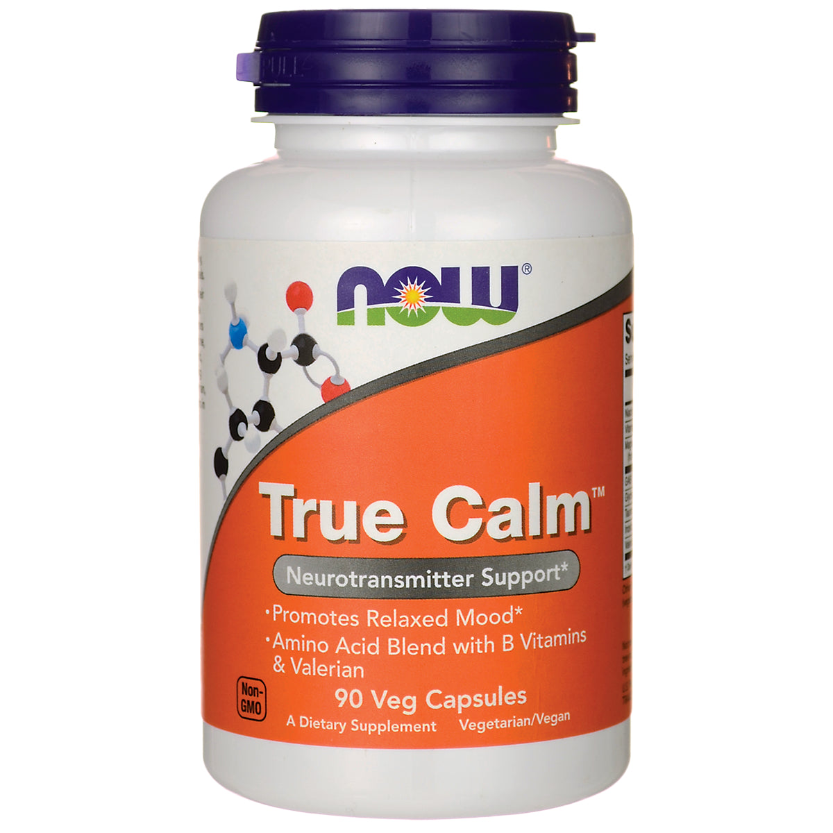 NWF358 | NOW True Calm supplement bottle, front label orange, 90 Veg Capsules, Neurotransmitter Support