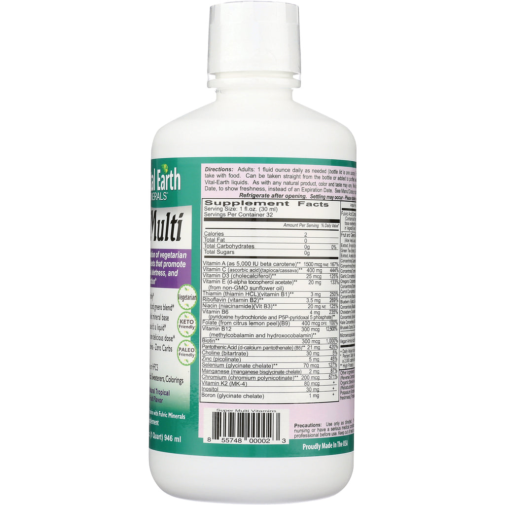 VEM005 | Back of liquid multivitamin bottle showing Directions, Supplement Facts panel, and barcode - Thumbnail