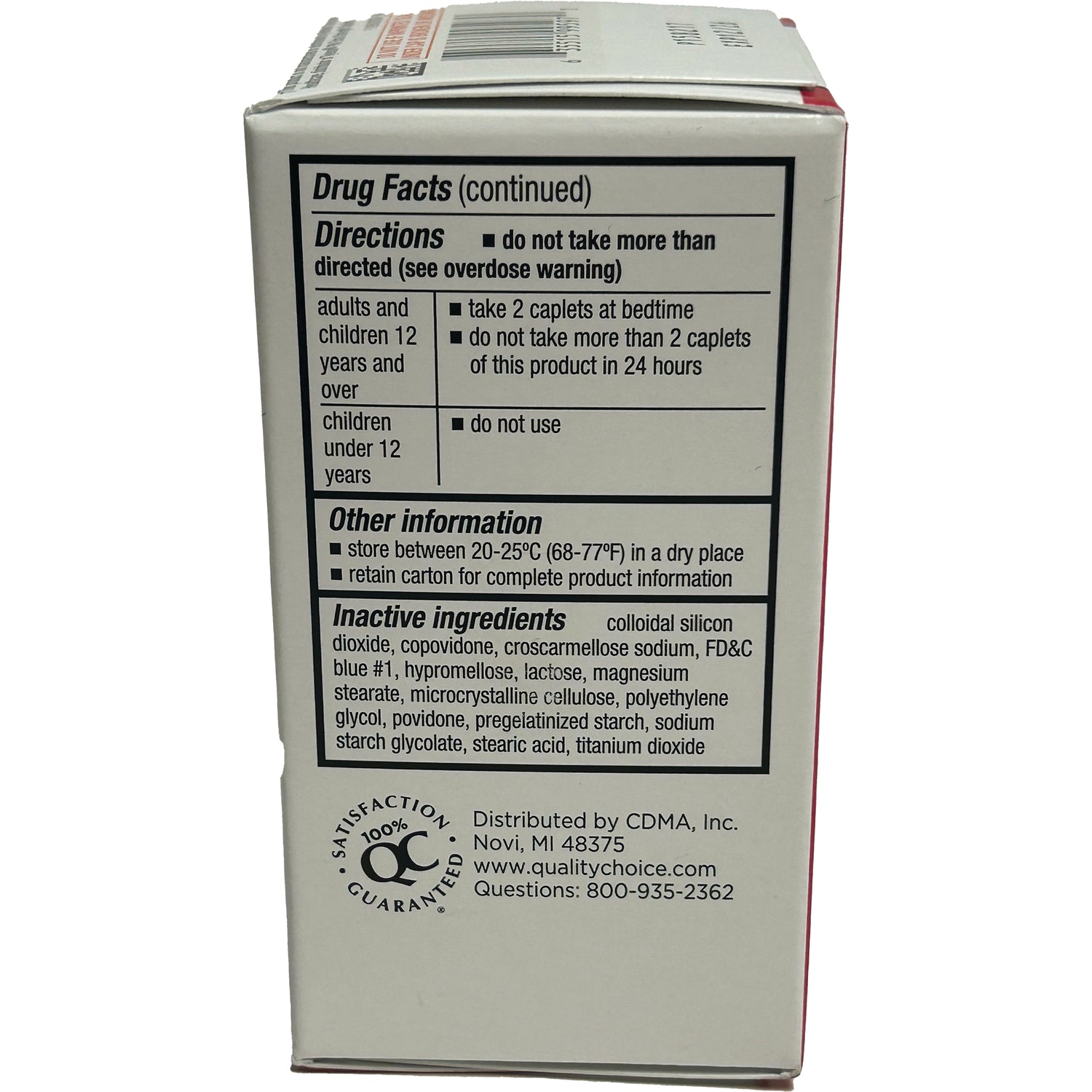 QCH010 | Drug Facts panel showing directions, storage instructions and inactive ingredients on white medicine box