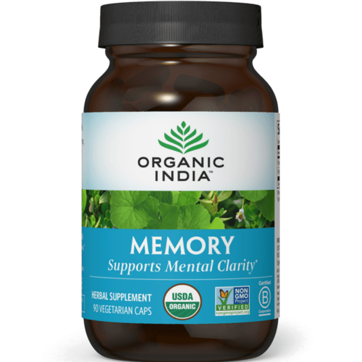 RGN046 | Organic India Memory herbal supplement bottle labeled Supports Mental Clarity, USDA Organic
