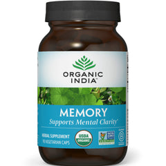 RGN046 | Organic India Memory herbal supplement bottle labeled Supports Mental Clarity, USDA Organic