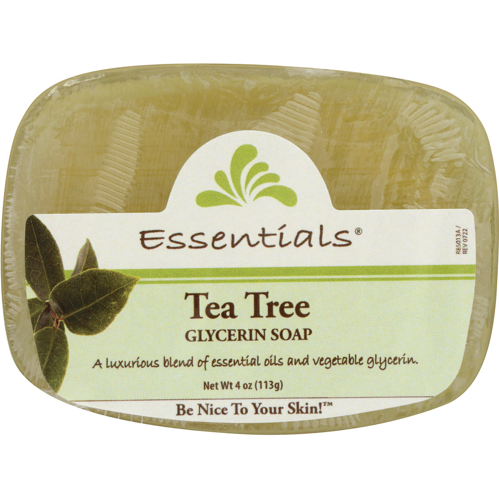 CLN033 | Essentials Tea Tree glycerin soap bar in clear wrapping with green label reading Tea Tree and Net Wt 4 oz (113g) - Thumbnail